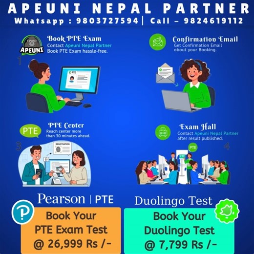 We provide a safe, smooth, and guided PTE registration process with full support until your test day. 1. Create or link PTE Account – New account? Send your **passport/ID photo email phone number – Already have an account? Send details 2. Data review & correction We check your information carefully to avoid mistakes 3. Rs. 1000 test fee discount Get a special discount through APEUni Nepal Partner 4. Free preparation resources Receive official PTE materials updated question banks. 5. Free support
