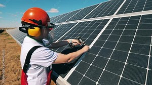 Solar panel technician assembling a solar panel at a solar power facility. Alternative, green energy worker.