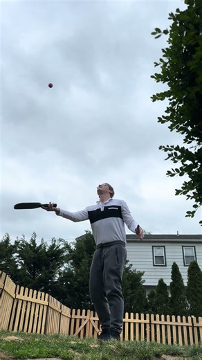 Hitting mini tennis ball into air with pickleball paddle then catching it on paddle