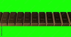 Gold bars in a row loop gold bullion treasure vault green screen animation