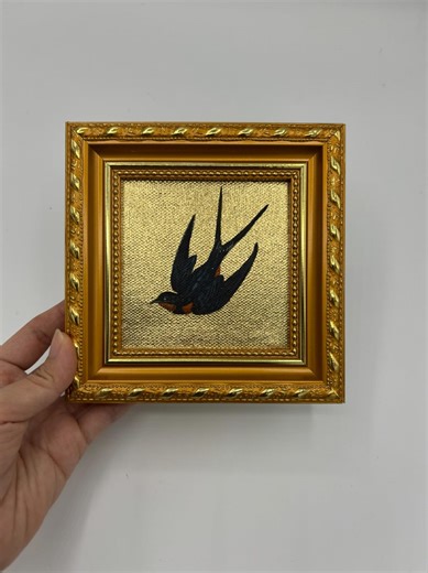 Gold Leaf Oil Painting, Hand-painted Framed Original Canvas Artwork, Gift for Friends, Gold Frame Wall Decor, Swallow - Etsy