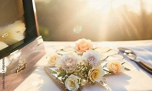 Bridal accessories with invitations, flowers, and rings on a sunlit table. Sparkling tiara, lace gloves, and pearl necklace