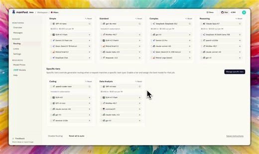 MANIFEST IS AN OPEN SOURCE ROUTER THAT PICKS THE RIGHT MODEL FOR EACH REQUEST IN UNDER 2MS.Cheap models for easy tasks, stronger models for harder ones, and up to 70% lower cost for anyone building AI agents.