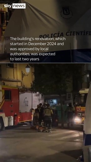 Three construction workers and an architect have died after a six-storey building in central Madrid collapsed. The building, which is located in a popular tourist spot, was being converted into a four star-hotel when it fell in. 🔗 Read more: https://trib.al/BfU7M1d | Sky News