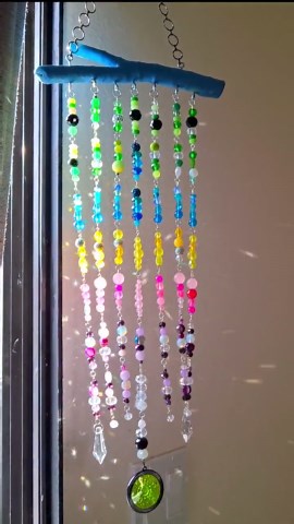 Crystal Suncatcher Mobile | Peacock Colors Painted Wood Branch | 2 Feet of Gemstones | Rainbow Maker | Boho Decor - Etsy