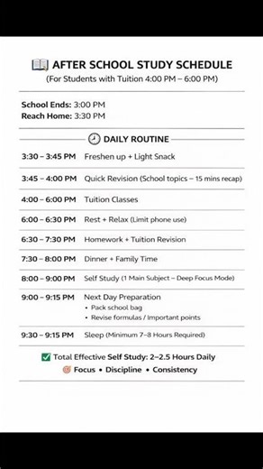 After School Study Schedule for Students | 2 Hour Daily Study Routine with Tuition (4PM–6PM)