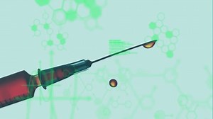 Animation of data processing and chemical formula over vaccine. Science, technology and digital interface concept digitally generated video.