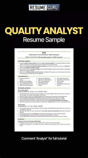 ResumeGuru | ATS Resume Writing Services on Instagram: "Comment "Analyst" to get the full video tutorial on how to make your Quality Analyst resume from scratch. If you’re not ready to watch yet, read this caption for quick tips on building your resume the right way as an experienced Quality Analyst: 1. Use an ATS-friendly format. Avoid fancy templates with columns or icons. Stick to clean formatting. 2. Include these essential sections Contact Info, Professional Summary, Core Competencies (Tech