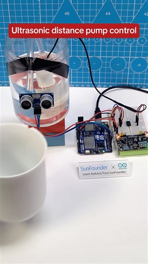 Pump Starts When You Get Close! No Hands Needed 👀#ArduinoPump #WaterLevelSensor #SmartPump #UltrasonicSensor #DIYAutomation #TouchlessPump #ArduinoProjects #HomeAutomation #STEMProject #TechTok #PumpControl #SmartIrrigation | SunFounder OpenSource
