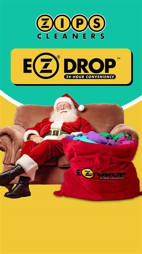 Take a load off this year with ZIPS Cleaners' EZ DROP. 🎁 🧥 No need to waste your holiday doing laundry, let us do it for you!✨ 💙🧦 #ZIPSCleaners #LaundryDay #HappyHolidays #MerryChristmas #HappyNewYear #DryCleaning | ZIPS Cleaners