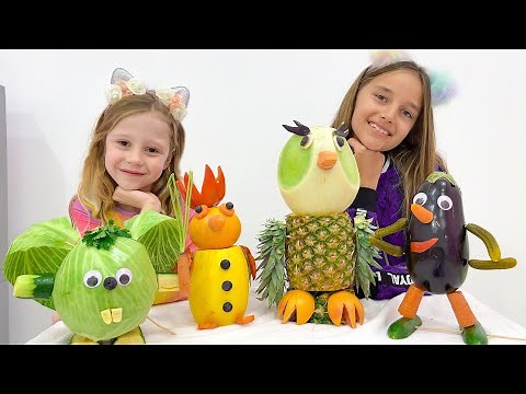 Nastya and her friend make animal figurines from vegetables and fruits