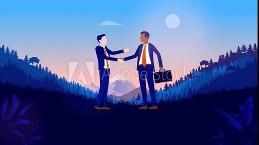 Business handshake - Vector cartoon animation of businesspeople forming partnership making deal and shaking hands over agreement outdoors in nature landscape with copy space in blue colours