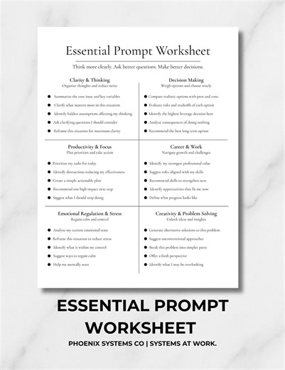 Essential Prompt Worksheet Printable | Clear Thinking Decision Making Productivity Career Focus Digital Download - Etsy