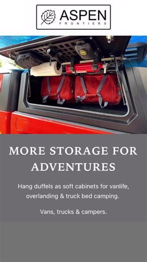 LoftLockers turn Patagonia, The North Face, or RTIC duffels into soft cabinets for your van. Less rattling. Fewer head bumps. Mount LoftLockers overhead or under the bed to keep gear organized where you need it—Sprinter, Transit, ProMaster more. ✅ Lightweight quiet (soft cabinets = less weight, less rattle) ✅ Quick install: 2 bolts to L-track, T-slot, Unistrut, or sturdy plywood ✅ Pop off the duffel to clean, swap, or carry as luggage ✅ Innovative patented design ✅ Fits Patagonia Black Hole (40/