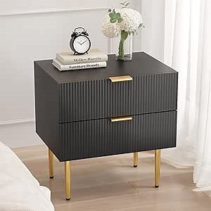 Night Stand, Black and Gold Nightstand with Fluted Panel, Bedside Table with 2 Drawer, Large Mid Century Modern Nightstand with Gold Leg, End Tables for Bedroom