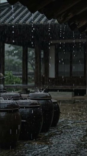 Heavy Rain on Korean Courtyard 🌧️ Onggi Jars & Tiled Roof #shorts