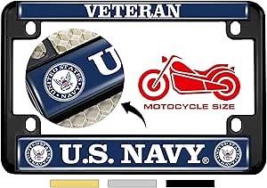 [Officially Licensed Product] - Motorcycle Metal License Plate Frame with United States Navy Veteran, Eagle and Anchor Logo Design - Black