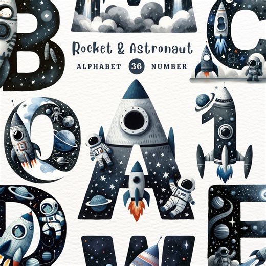 Watercolor Rocket Alphabet Clipart: Space PNG (digital Download) - Etsy