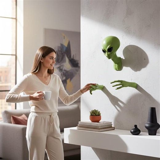 Green Eyed Alien Wall Hanging, Creepy Latex Alien Head and Hands Halloween Decor