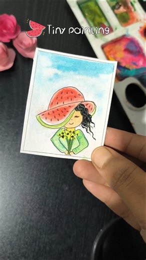 Tiny Watercolor Girl with Watermelon Hat 🍉🎨 | Mini Aesthetic Art #shorts #ytstudio #artist #painting