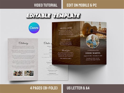 Obituary Template Canva for Men, Musician Funeral Program, Acoustic Guitar Tribute, Country Music Lover, Rustic Bifold - Etsy