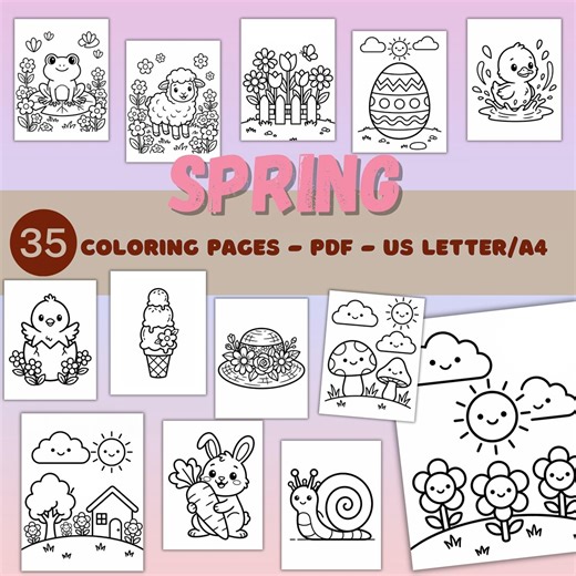 Spring Coloring Pages for Kids 3-6, Easy Toddler Coloring Book, Preschool Printable PDF, Cute Animals Easter Activity A4 US Letter