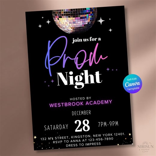 Prom Night Invitation Template, Editable Canva Invite, High School Prom Party, Disco Theme Invite, Senior Class 2026, Digital, Printable - Etsy
