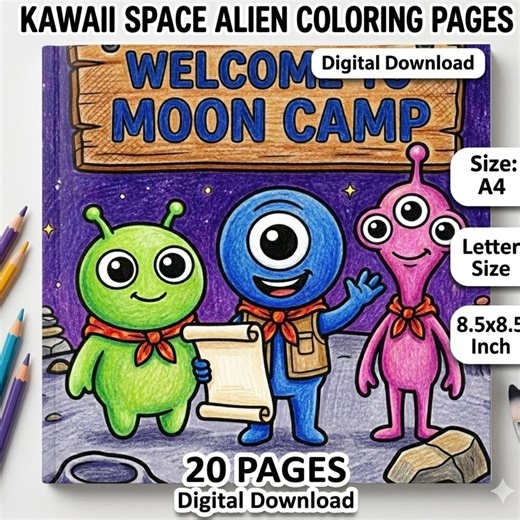 Kawaii Space Alien Coloring Pages for Kids | Moon Camp Adventure Printable | Cute Outer Space Coloring Book | Toddler Preschool Activity PDF - Etsy