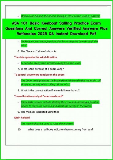 ASA 101 Basic Keelboat Sailing Practice Exam Questions And Correct Answers Verified Answers Plus Rat
