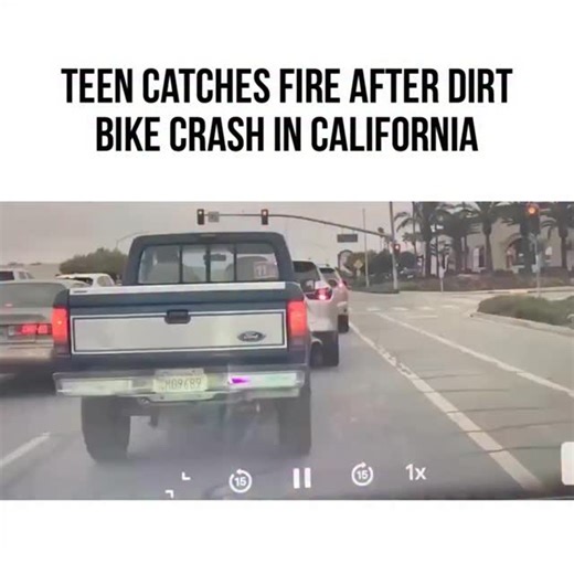 Two teenagers were cited after a dirt bike crash in Salinas, California, that left one briefly on fire, according to police. The incident happened Thursday evening when a 15-year-old and a 16-year-old were riding non-street-legal dirt bikes north on North Main Street. Police said the teens ran a red light at the Target Shopping Center intersection on Harden Ranch Road, where a woman was turning left onto Main Street on a green light. The 16-year-old sideswiped the car, causing him and his bike t