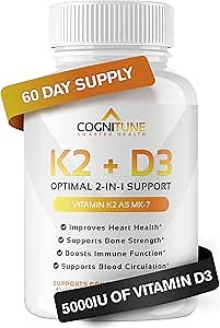 CogniTune Vitamin K2 (MK7) with D3 Supplement - Premium Natural Heart & Bone Health Capsules - Pure D3 Plus K2 Complex with 5000 IU of Vitamin D 3 & 90 mcg of Vitamin K 2-60 Count