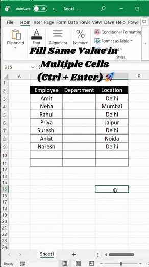 Fill Multiple Cells at Once in Excel! 😲 | Ctrl + Enter Trick #excel #shorts