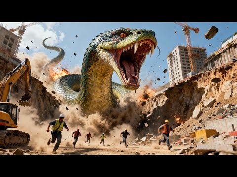 Construction blast awakens a millennia-old titan serpent; fleeing humans are flattened in seconds.