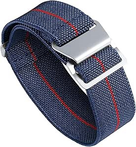 BINLUN Watch Band Nylon Waterproof Military Fbric Elastic Replacement Watch Strap Hook-and-Loop Men Women Silver Buckle (Blue-red,20mm)(Update Version)