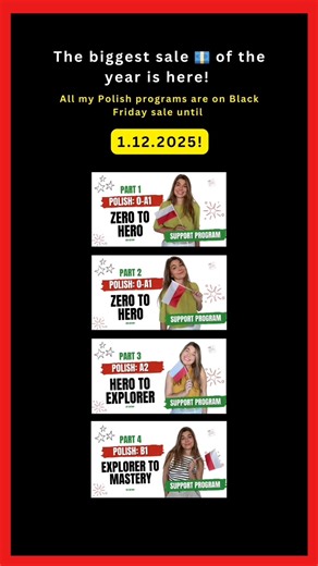 Want to learn Polish with me? Enjoy up to 50% OFF our no support programs, and 25% off our support programs. We do this kind of promotion ONLY once a year during Black Friday! Ends 1/12/25. 🚀 Comment “BLACK FRIDAY” and I will send you more info! 🇵🇱 Or go directly to our website: https://learnpolishwithweronika.com/polish-courses/ Polish for foreigners • Polski dla obcokrajowców • Lekcje polskiego • Polish classes • Polish lessons • Polish course • Learn Polish #polishlesson #polishclass #poli