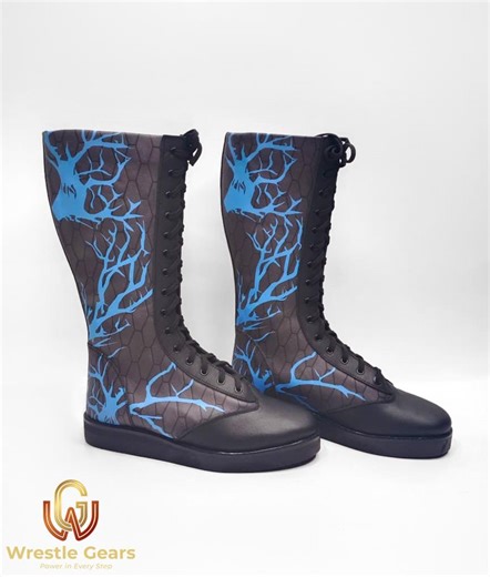 Handmade Leather Pro Wrestling Boots, Custom Black & Blue Tree Printing Boot - Etsy