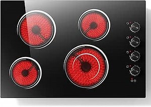 30 Inch Electric Cooktop 4 Burners with Knob Control,6700W Built-in Radiant Electric Cooktop, 9 Power Levels, Hot Warning, 220V Hard Wire(No Plug)