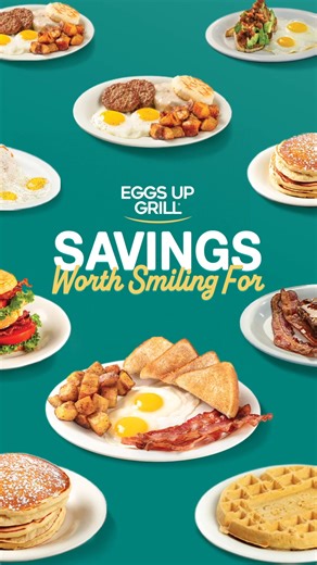 Family favorites. Friendly prices. Seven days a week at your neighborhood Eggs Up Grill. . Eggs Up Grill, breakfast, brunch, lunch, brunch food, catering, Christmas time #Breakfast #Brunch #Savings #Christmas #NationalChristmasLightsDay | Eggs Up Grill - Evans