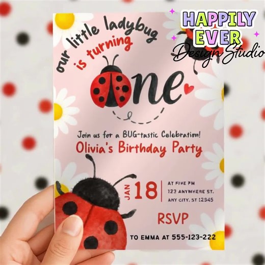 Ladybug Birthday Party Invitation Template , Ladybug Turning One Birthday Invite , Ladybug 1st Birthday Girl , Ladybird Birthday - Etsy