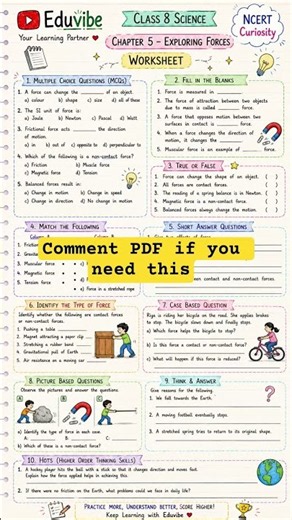Class 8 Science Chapter 5 Worksheet | Exploring Forces | NCERT Curiosity | MCQs + HOTS | Eduvibe