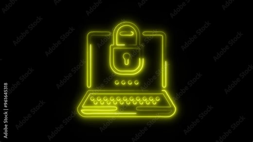 Neon Cybersecurity Lock Icon Video HD - Glowing Red Security Symbol with Computer and Lock on Black Background Animation for Data Protection and Digital Security