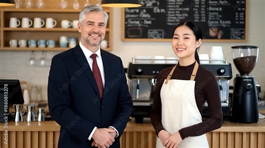 Smiling business owner and barista stand in a cafe setting, counter and espresso machine visible
