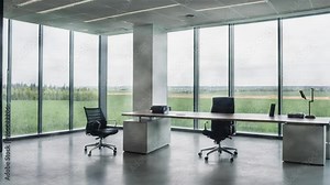 Modern office to present, Present in a contemporary office setting, highlighting looping effects, text overlays, windows, desks, chairs, and natural light in 4k video.