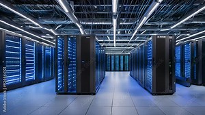 High-Tech Server Rack Illuminated by Blue LEDs with Fiber-Optic Cables