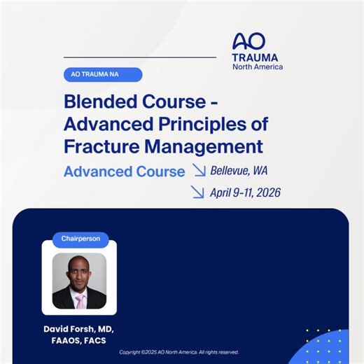 🦴 AO Trauma NA Blended Course – Advanced Principles of Fracture Management 📅 April 9–11, 2026 | 📍 Bellevue, WA Take your fracture management skills to the next level! Building on the AO Basic Principles course, this advanced course dives into: • Complex fractures of the upper & lower extremities • Pelvis & acetabulum fractures • Fracture complications & polytrauma management Hands-on labs allow you to practice surgical techniques on artificial bones using preoperative planning and the latest 