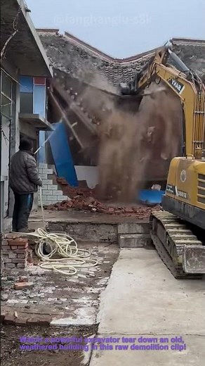 Excavator Demolishes Old Building | Powerful Demolition Site