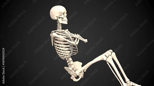 A 3D rendered human skeleton in motion against a dark background, anatomical illustration
