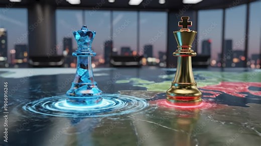 Global Strategic Negotiation on World Map - This video depicts a strategic global negotiation with chess kings positioned on a holographic world map in a diplomatic boardroom setting.