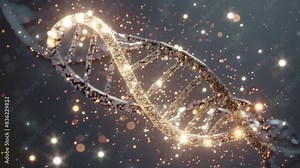Glowing Double Helix DNA Strand with Sparkling Particles Representing Genetics and Life. Concept Genetics, DNA, Double Helix, Life, Sparkling Particles