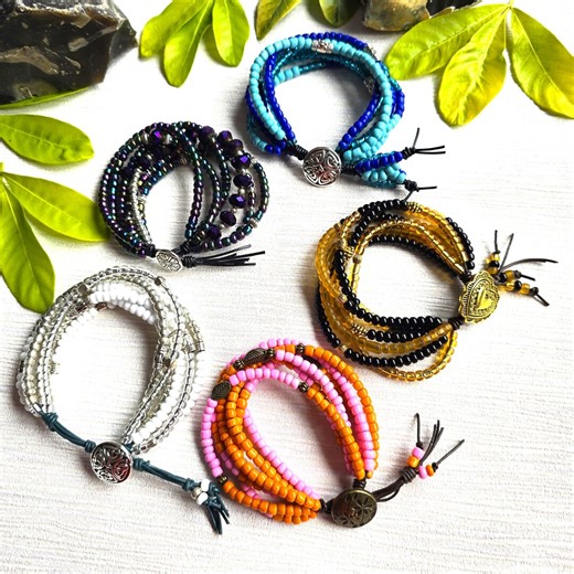 Multi-strand Seed Bead Leather Bracelet: Knotted Bohemian Jewelry - Etsy UK